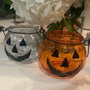 Anthropologie style Jack-O'-Lantern Glass Candle Holders votive Orange and Clear